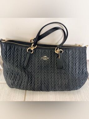 COACH Black Quilted Chevron Tote with Gold Hardware